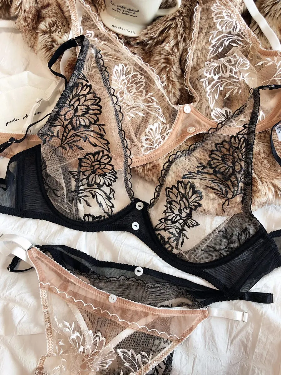 French Sexy Ultra Thin Women Underwear Deep V Push Up Bra Romantic Lace Flowers Embroidery Lingerie Wire Free Bra and Thong Sets — image 4