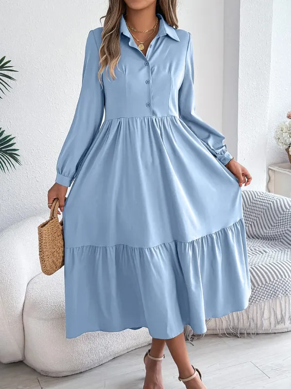Women Fall Elegance Lapel Collar Button Front Shirt Dress Ruffle Trim Solid Midi Long Sleeve Wedding Dresses — image 5
