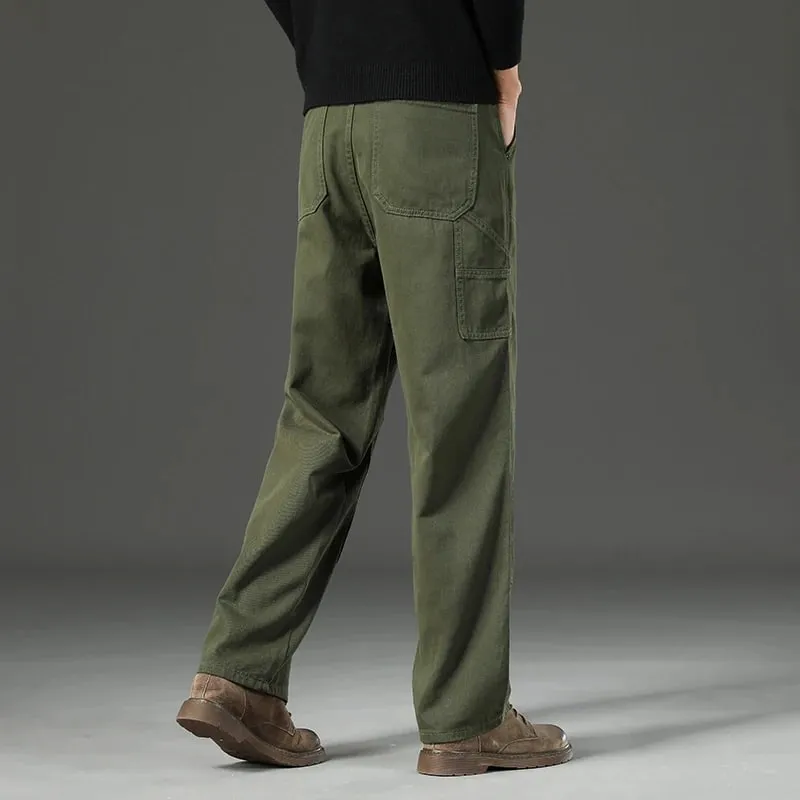 High Quality Spring New Style Straight Loose Men's Casual Pants Rivet Splicing Safari Style Cotton Trousers Army Green Jeans — image 5