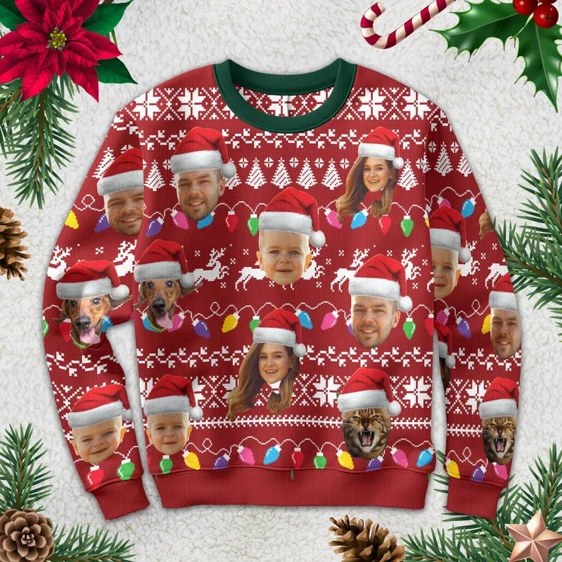Peribadikan Foto Anda Cetakan 3D Sweater Krismas Hodoh Pakaian Seluar Wajah Keluarga DIY Baju Baju Imej Lucu Hadiah Xmas Peribadi Uniseks