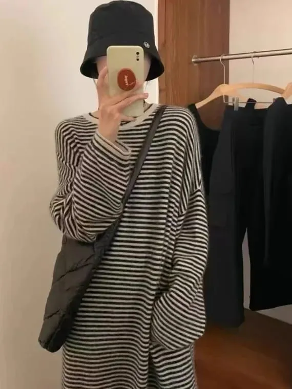Lazy and Comfortable 100% Pure Cashmere Straight Striped Dress Joker Knit Bottoming Shirt Sweater Skirt in Autumn and Winter