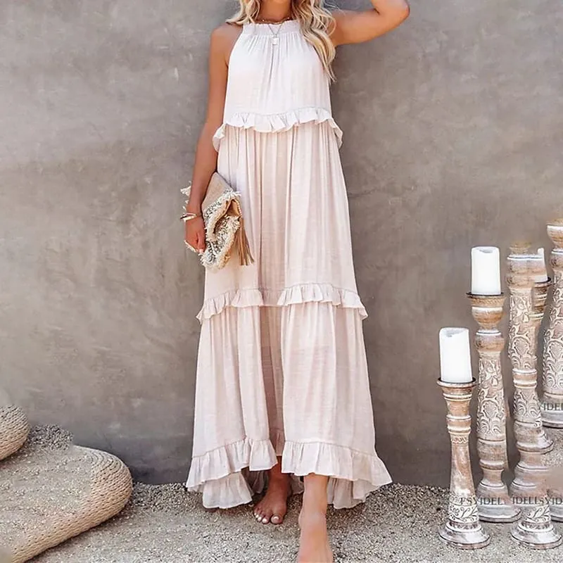 Women Casual Solid Ruffles Long Dress Summer Elegant Sleeveless Sundress Elegant Harajuku Maxi Dress Beach Party Evening Vestido — image 15