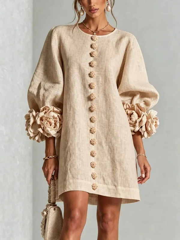 Women Spring Autumn 3D Flower Long Lantern Sleeve Cotton Linen Mini Dress Solid Crew Neck Loose Elegant Daily Wear Short Dress — image 10