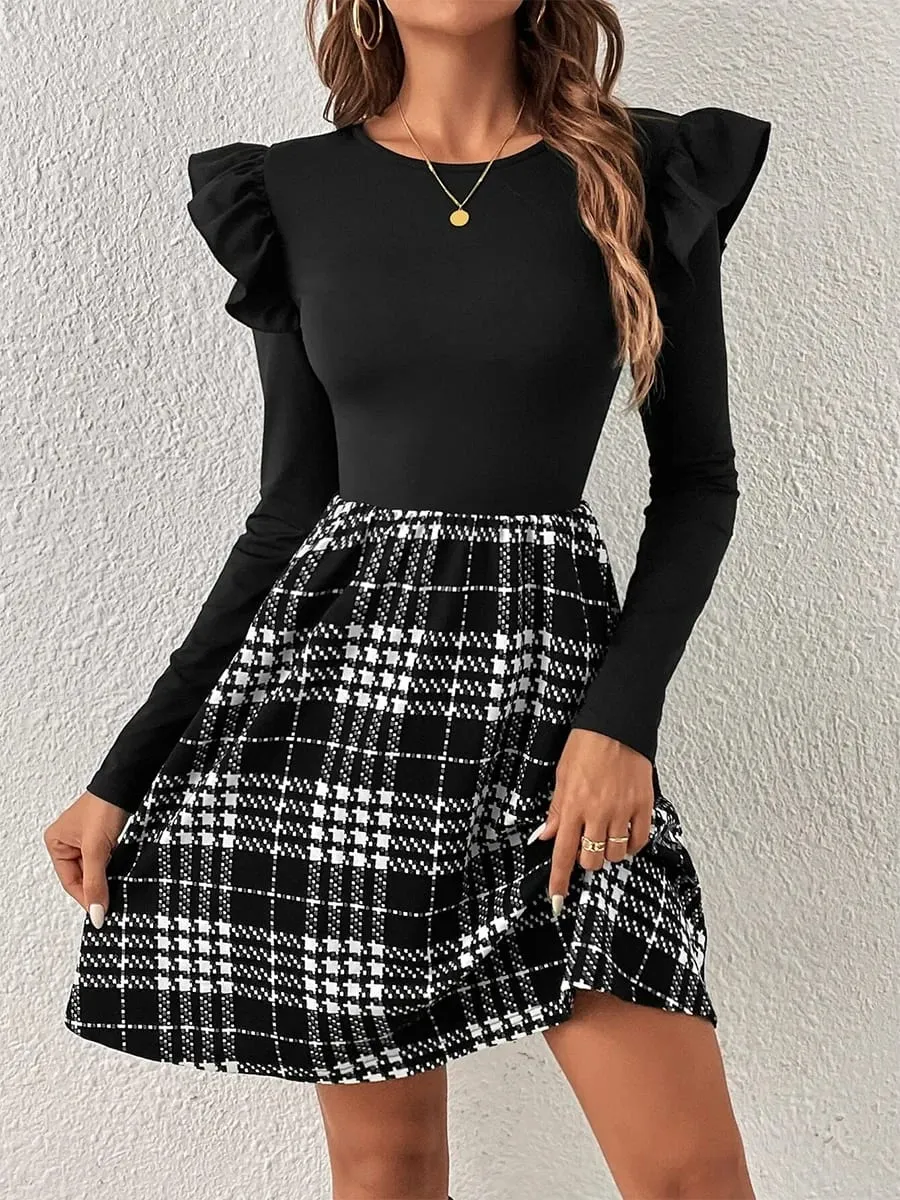 Women Fashion Plaid Patchwork Ruffle Shoulder Long Sleeve High Waist Slim Fit O-Neck Elegant Ladies Mini Dress for Summer&Autumn