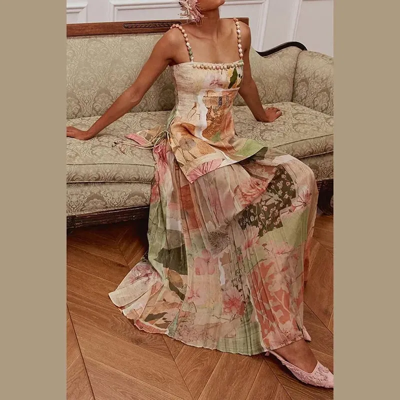 Vintage Women's Printed Beaded Sling Long Dresses Set Lace Up Slit Sleeveless Pleated A-line Dress 2026 Lady Beach Vestidoes