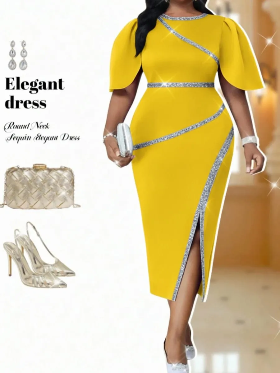 Women's Round Neck Flutter Sleeve Diagonal Decor Split Midi Bodycon Dress Big Size For Formal Dinner Wedding Guest Evening Party Fashion Occasions — image 1