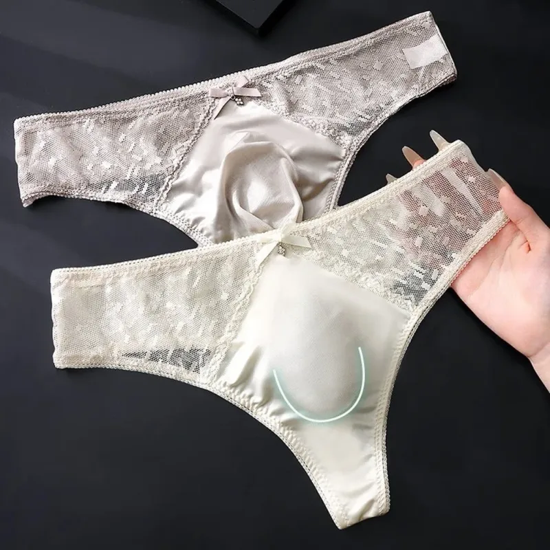 Men's Thong Underwear Made of 81.7% Polyester 18.3% Spandex Ice Silk Blend with Lace Trim and 3D Bulge Pouch Solid G String — image 7