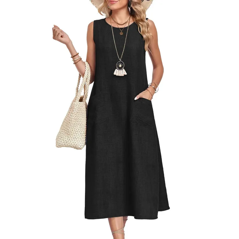 Summer Cotton Linen Sleeveless Maxi Dress For Women O Neck Loose Vest Dress With Pocket Casual Loose Dresses Robe Femme 2026 New — image 2