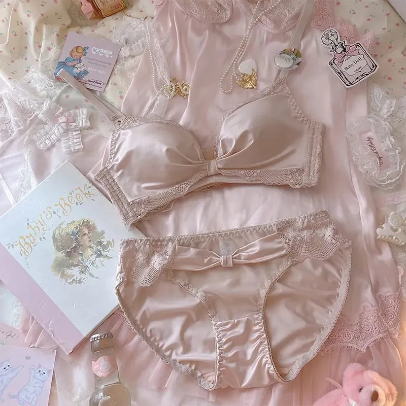 粉紅公主加厚小胸大內褲女聚攏莫代爾乳膠內衣內褲套裝蝴蝶結無鋼圈胸罩套裝 — image 2