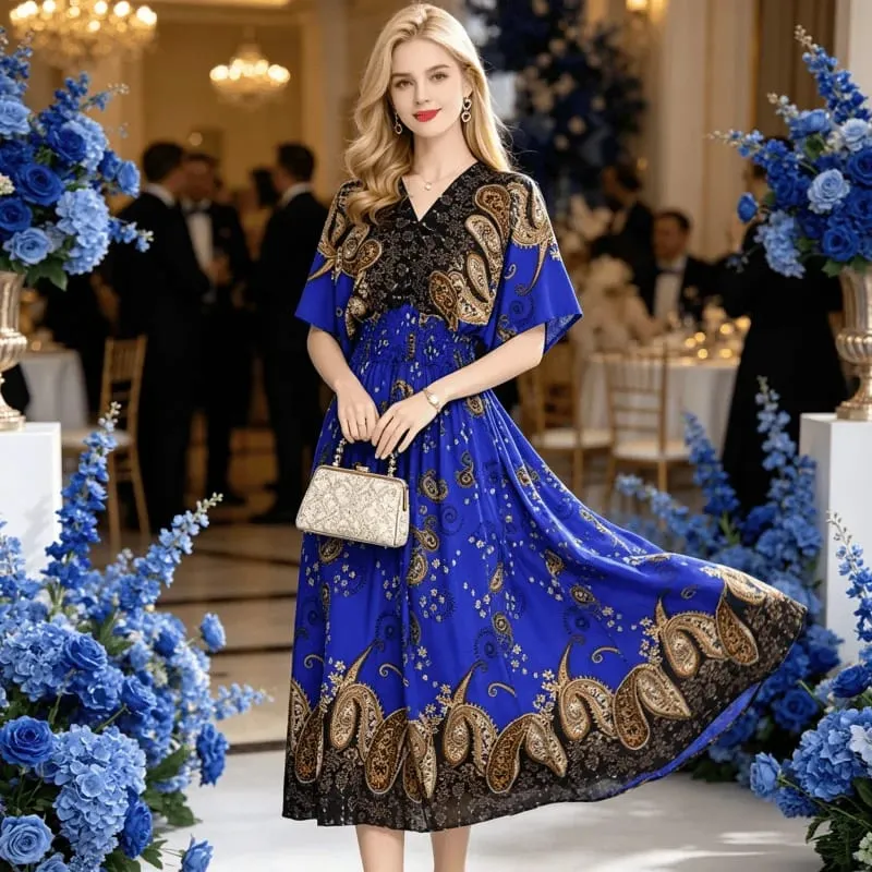 Boho Holiday Women V-Neck Batswing Short Sleeve A-Line Midi Dresses Slim Elastic Waist Casual Vintage Office Lady Elegance Dress