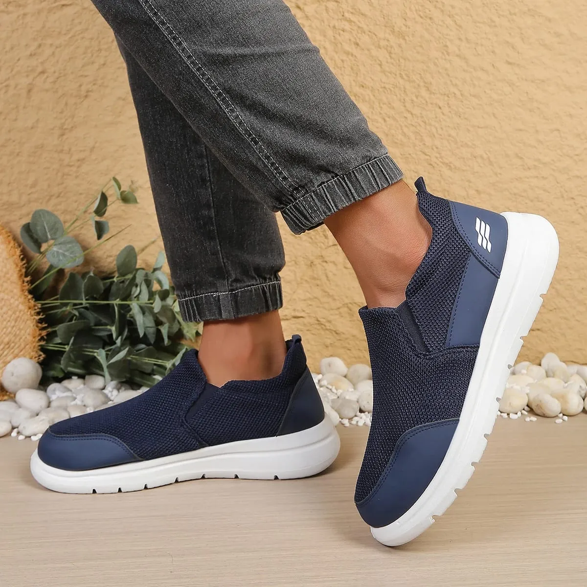 Men's slip-on hollow mesh walking loafers spliced smooth toe overlay dual elastic side gussets block segmented white outsole d — image 6