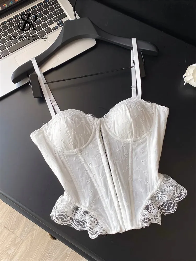 Embroidery Lingerie Corset Top Ladies Strap Lace Up Shapwear Flirty Camisole French Lace Ruffles Hotsweet Tank Top