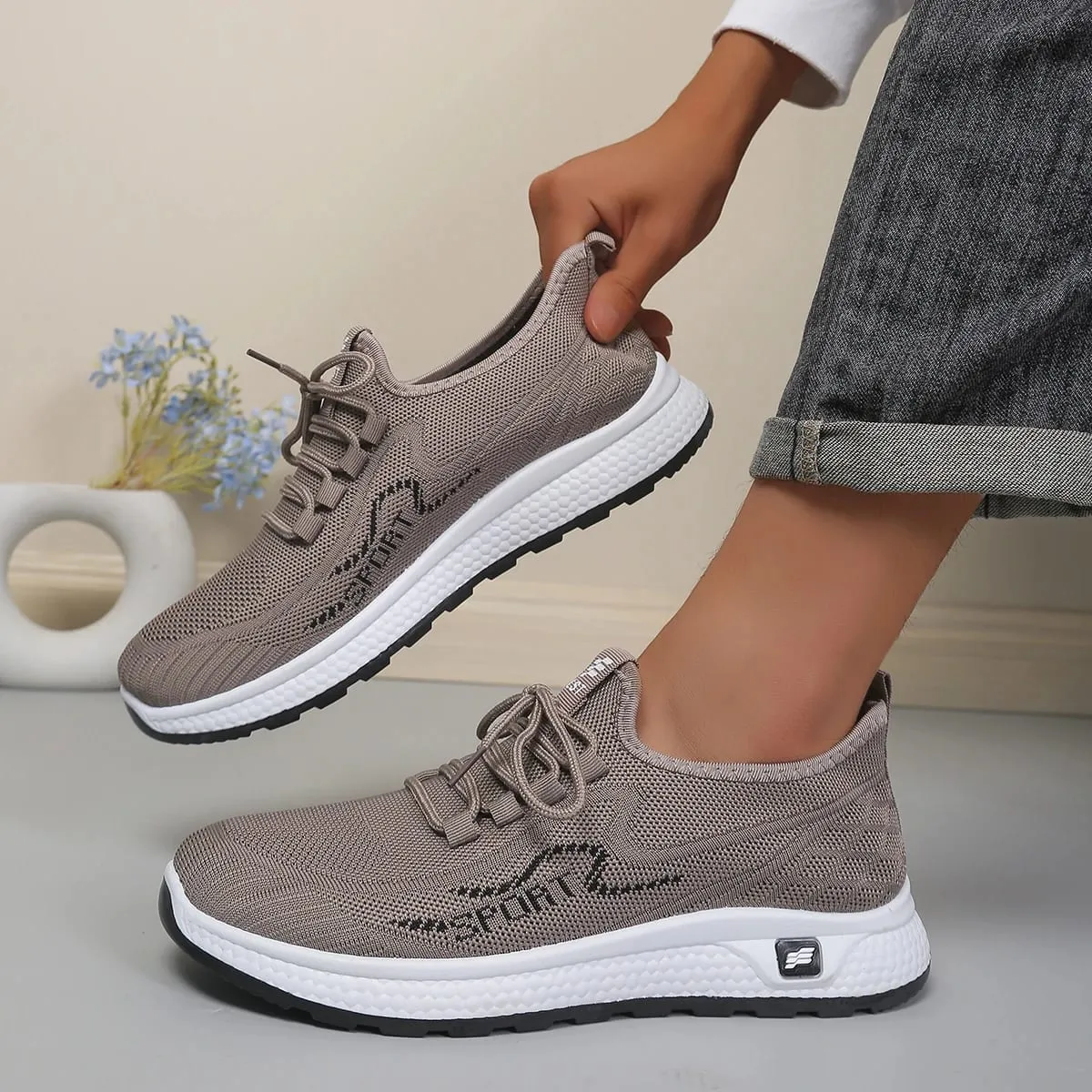 Minimal Solid Hue Men Mesh Lace-Up Footwear Fine Hollow Perforated Knit Upper Bump Carved Black Outsole Versatile Trainers — image 1