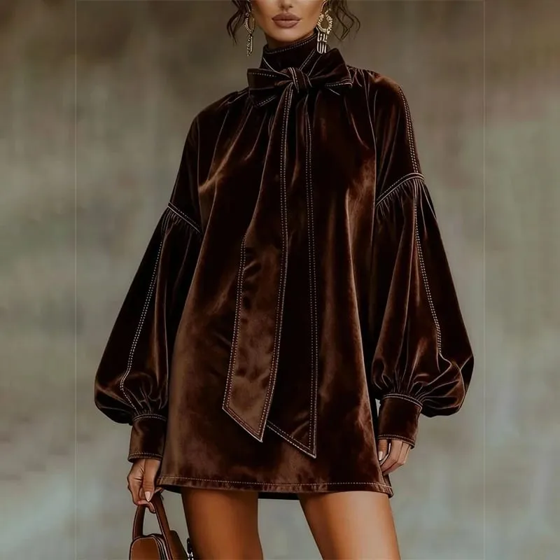 American Retro High Collar Lantern Sleeve Long Sleeve Bow Tie Elegant Velvet Women Mini Dresses Casual Autumn High Street Dress — image 2