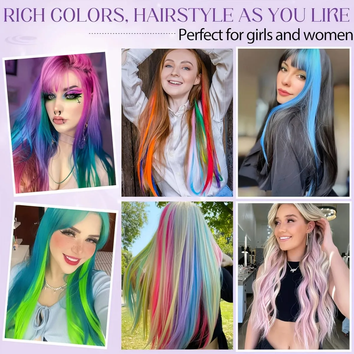12 Pcs/lot Clip in Hair Extensions Multi-Colors Highlights Synthetic Hair 22 inch Rainbow Hairpieces for Girls Women Kids — image 6