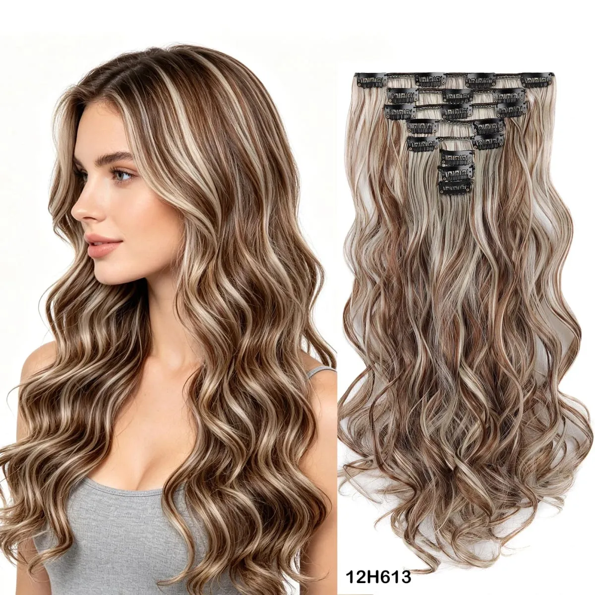 Clip in Hair Extensions Set Full Head 8Pieces With 17clips Synthetic Wavy Hair 20 Inch Matte Heat Resistant Multi Colors