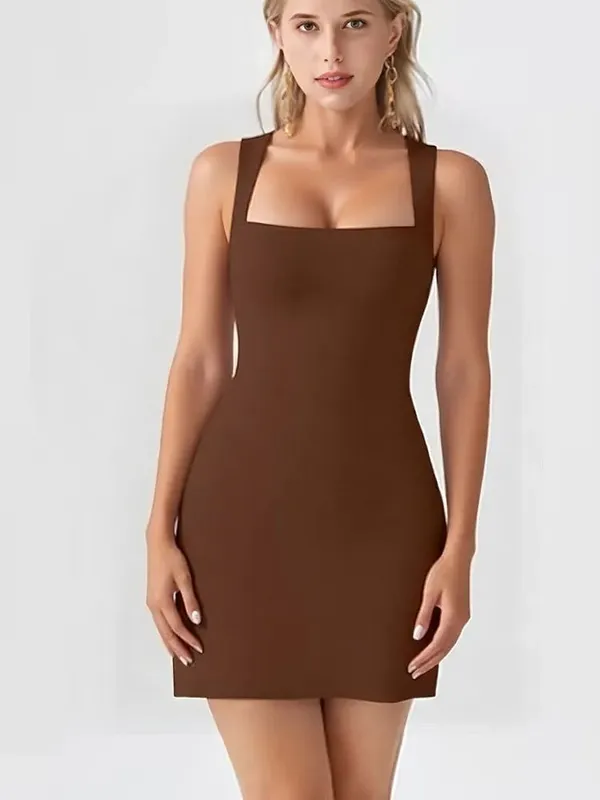 Summer Elegant Solid Color Simple Square Neck Sleeveless Short Dressest New Fashion Versatile Casual Women's Slim Basics Dress — image 10