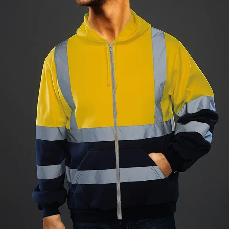 Reflective Work Safety Men Hoodies Drawstring Loose Zipper Jacket Autumn Thin Fleece Hooded Pullover Coat Casual Work Sweatshirt — image 3