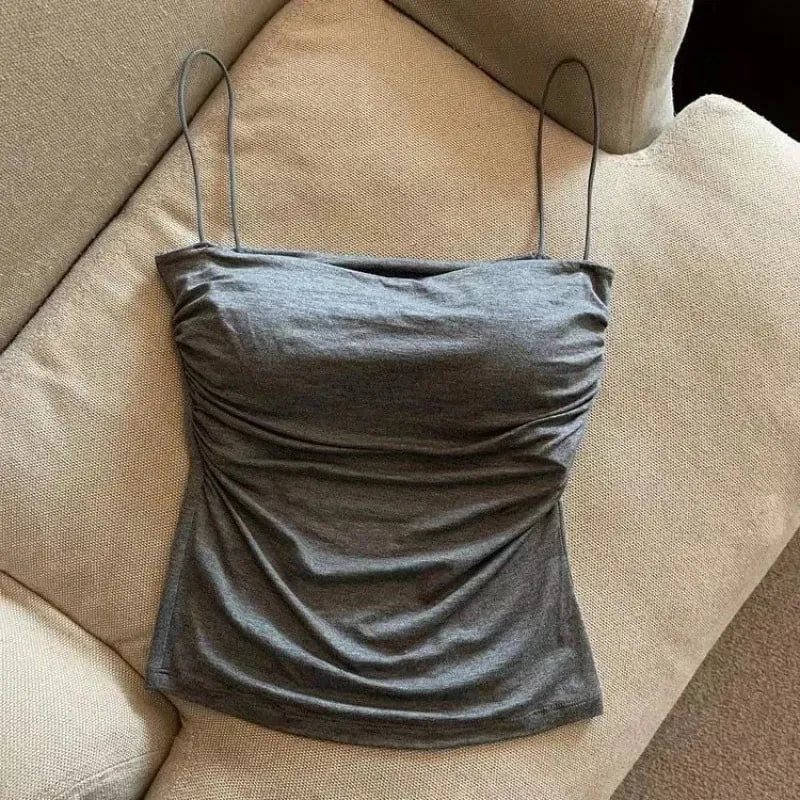 New-Sexy Solid Pleated Tank Camisole Women's Summer Spaghetti Strap Sleeveless Tops