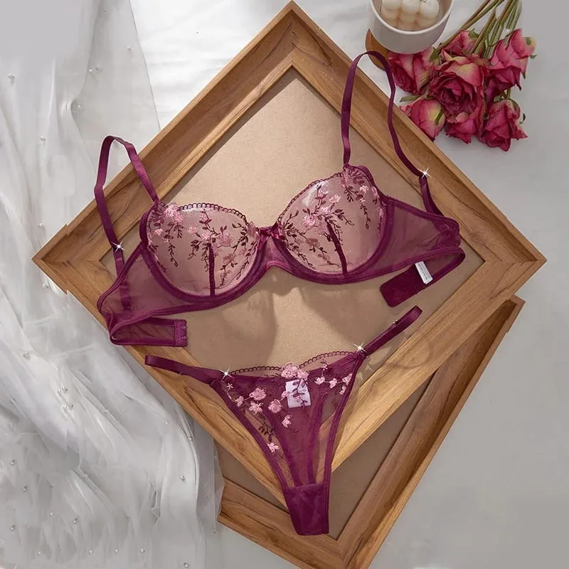 Romantic Women's Underwear Ultra Thin Floral Embroidery Sexy Lingerie See Through Pure Desire Lingerie Set Push Up Sexy Bras — image 1