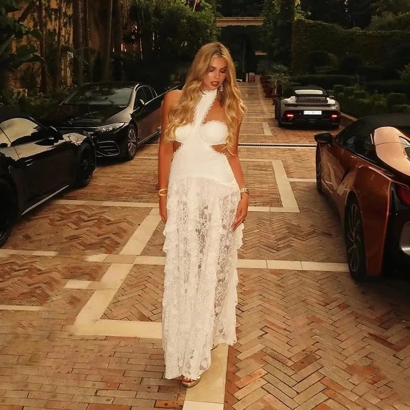 Elegant High End Lace Patchwork Dresses Women's Trendy Hollow Robe Irregular Design Vistidos 2026 New Spring Party Halter Gown