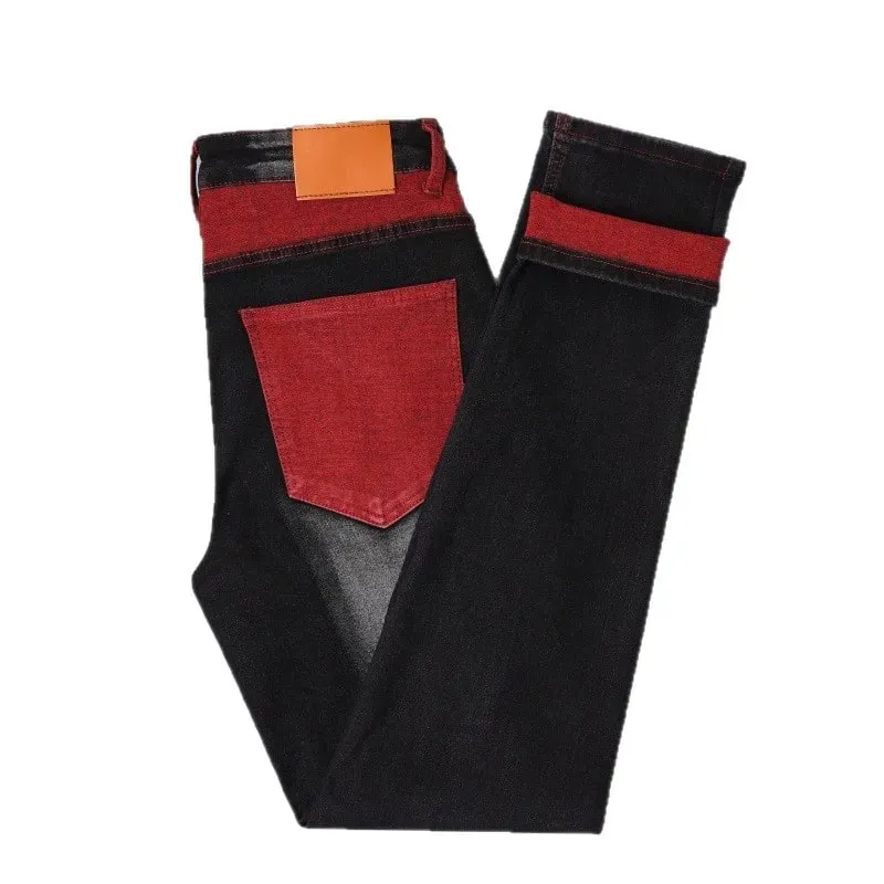 Men's Black Stretch Jeans for Spring and Fall Denim Pants with Red Ripped Details Asian Sizes 28–42. — image 6
