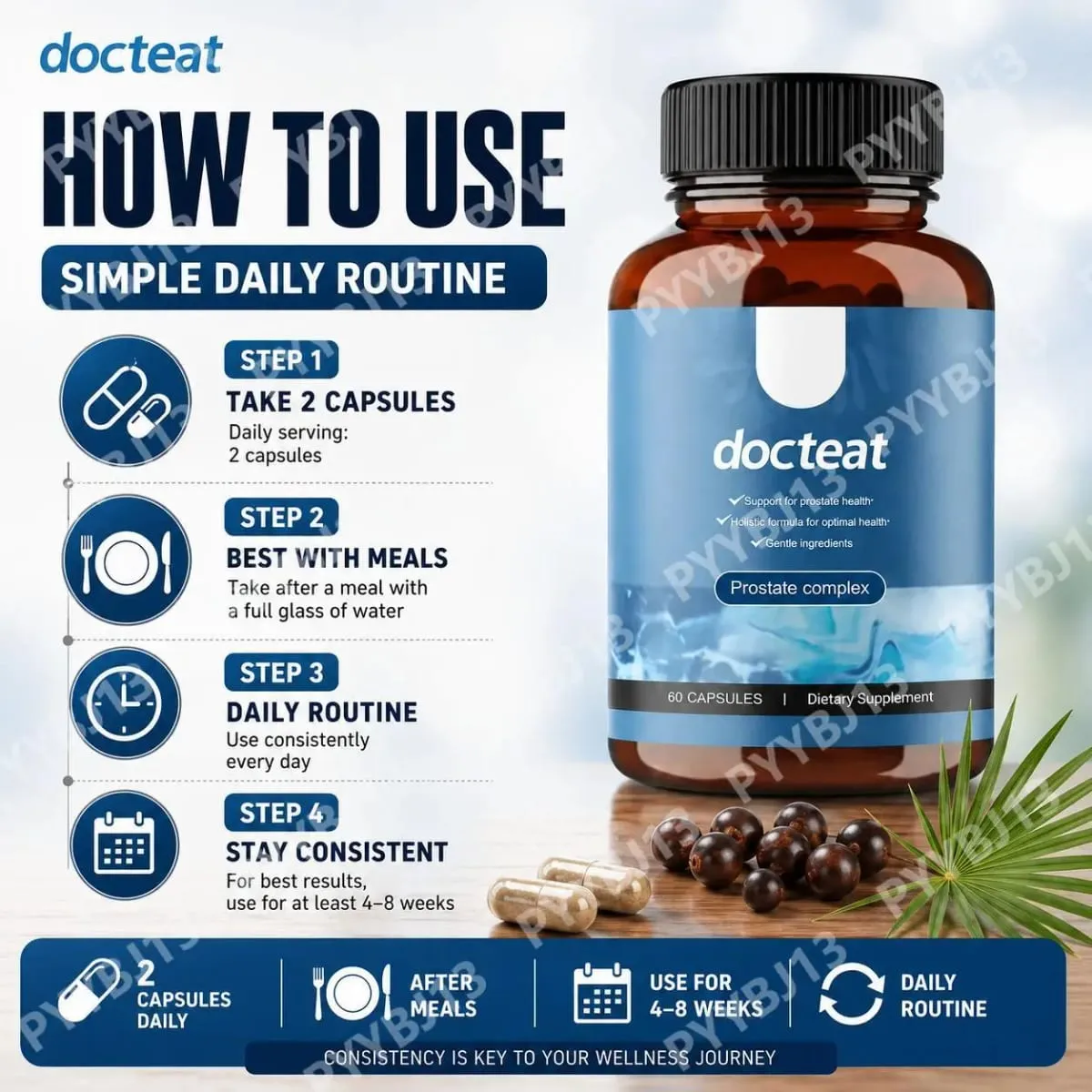 Docteat Prostate Complex Capsules Support Prostate Health and Urine Flow with Herbal Saw Palmetto and Pygeum 60 Capsules — image 6