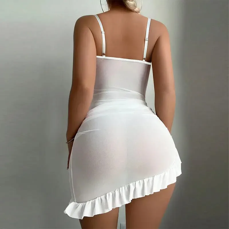 Delicate Transparent Lingerie Nightgown Set Steel Ring Push Up Bra With Matching Thong Panties Women Sleepwear Underwear — image 2