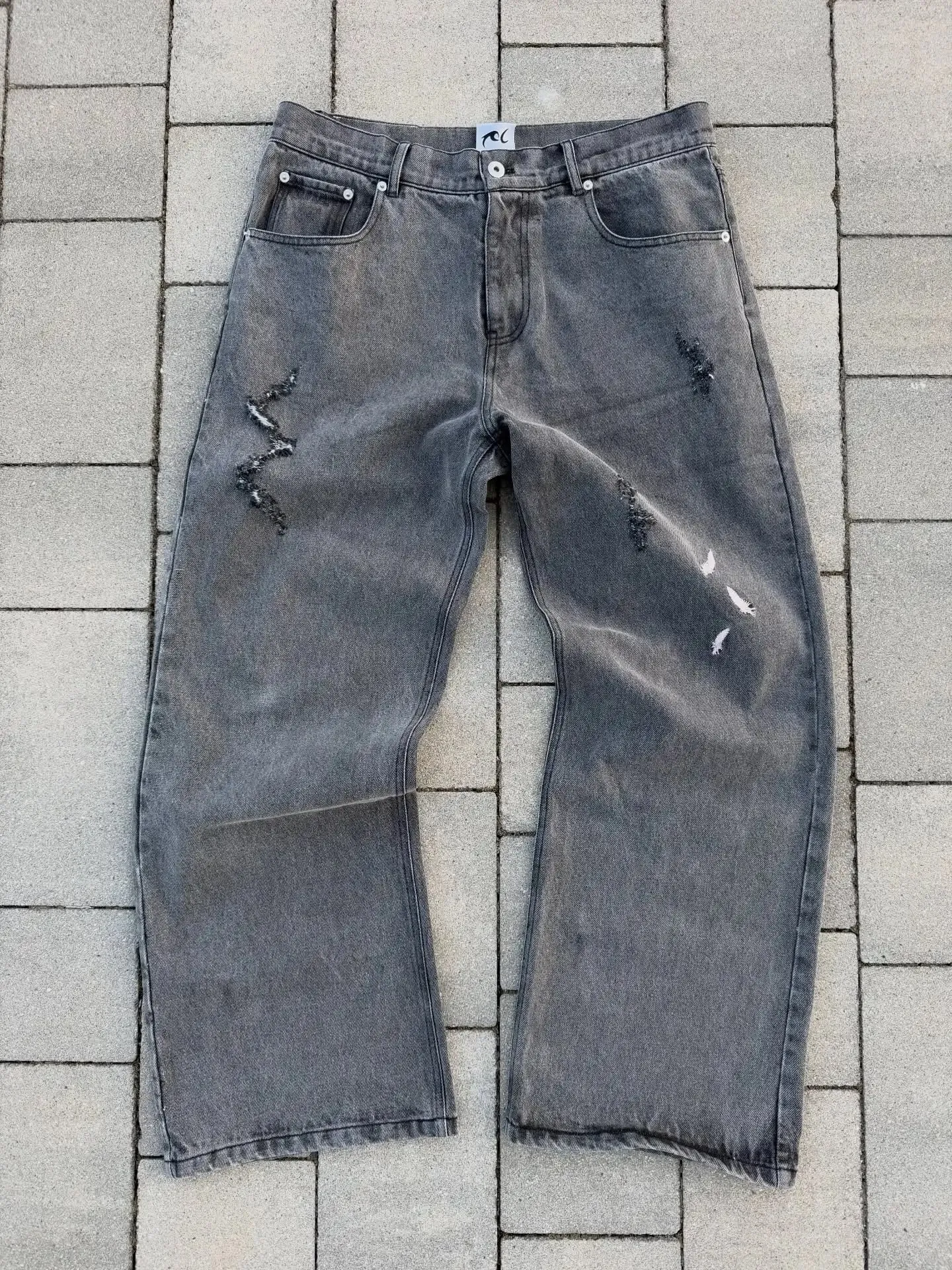 2026 Japanese style high street patchwork embroidered jeans men's goth Harajuku fashion wide leg jeans y2k retro casual pants — image 3