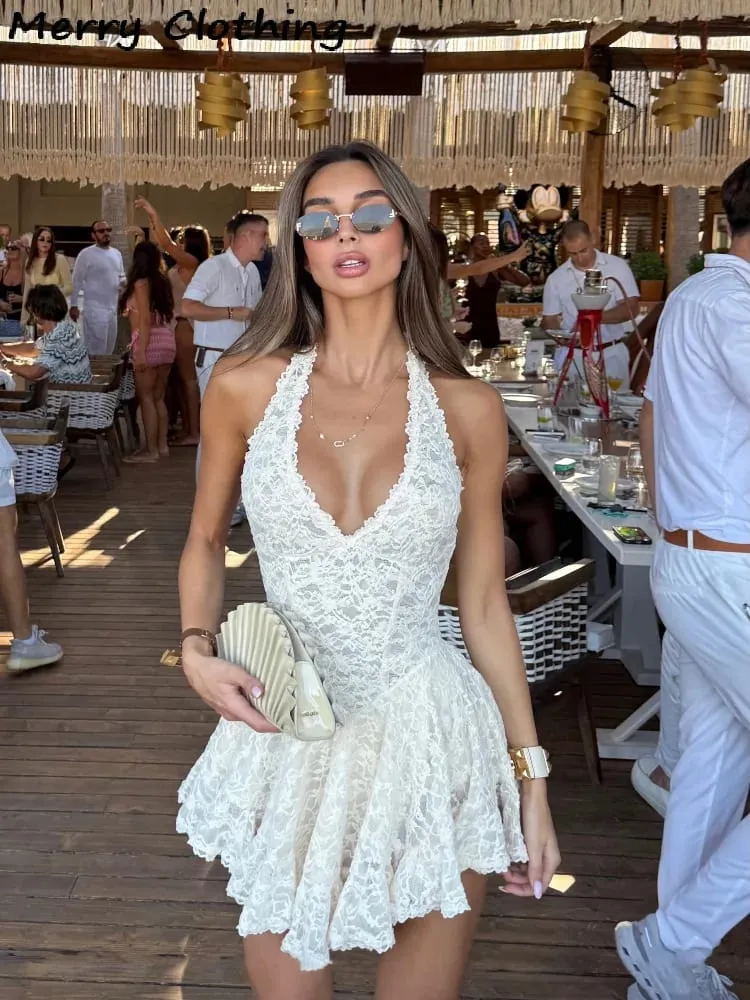 V Neck Halter Lace Mini Skirt Women Fashion Waist Cinched A Line Dress Backless Sleeveless Short Vestidos Summer Lady Dresses — image 2
