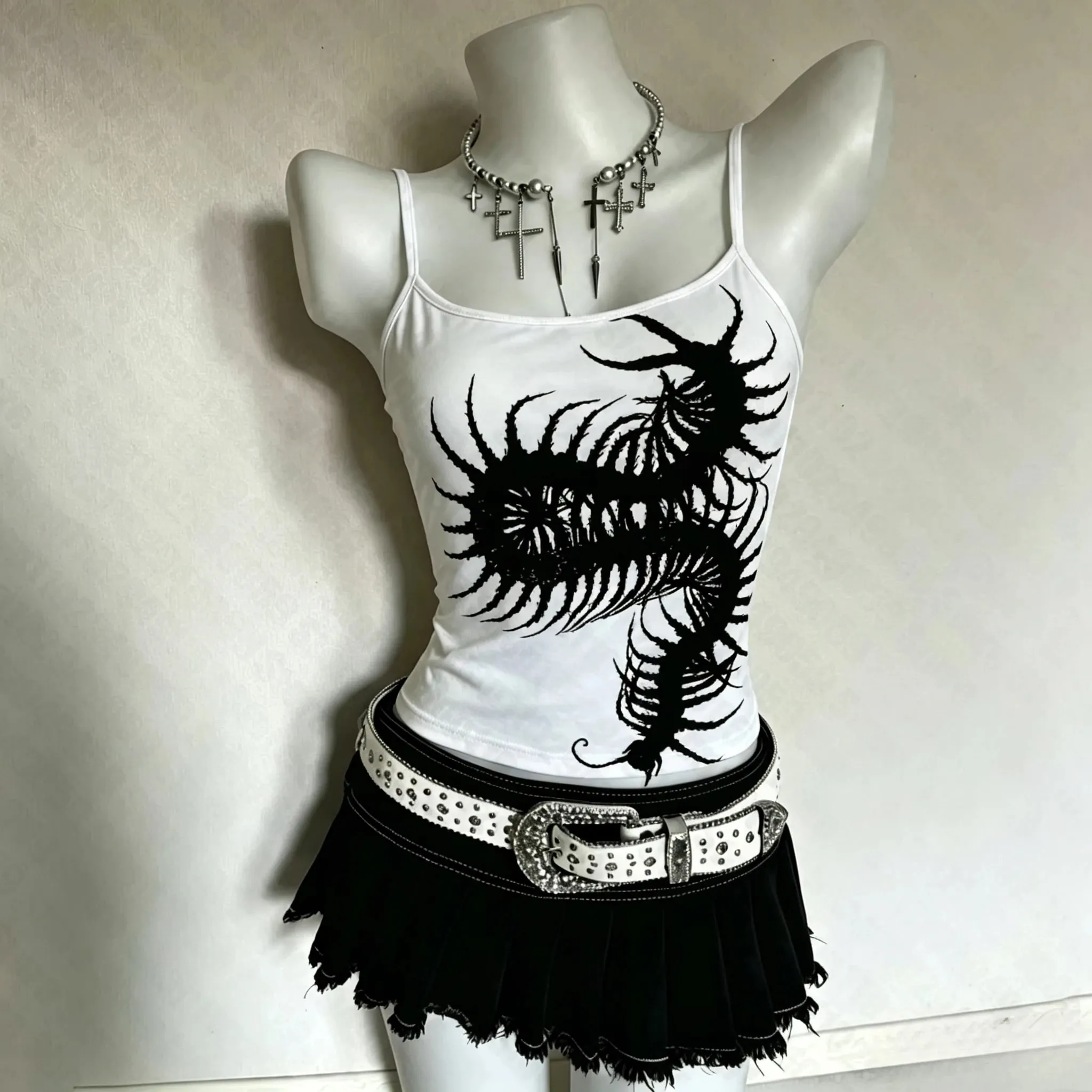 Women Y2K Alt Punk Cami Tank Top Spaghetti Strap Gothic Centipede Print White Sleeveless Slim‑Fit Streetwear Party Crop Tops