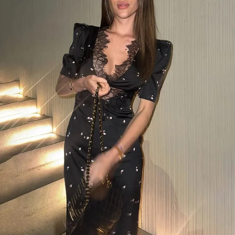 Sexy Hollow Lace Dress Women's Fashion Short Sleeve Elegant High Waist Slim Print Dress Summer Party Club Clothes Female 2026 — image 3