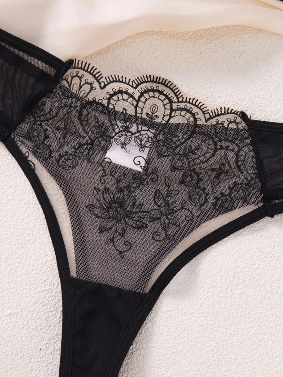 Women Elegant Black Embroidery Lingerie Set Sheer Mesh Underwire Bra T‑back Panty Bow Decor Intimate Wear ZA824057 — image 5