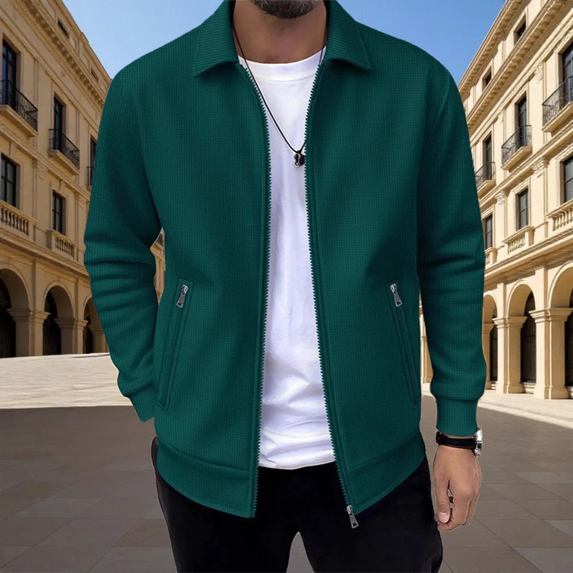 Men's 2026 Fall Long-Sleeve Waffle Knit Turned-Down Collar Jacket, Klein Blue Zipper Cardigan for a Casual Fashion Look — image 6