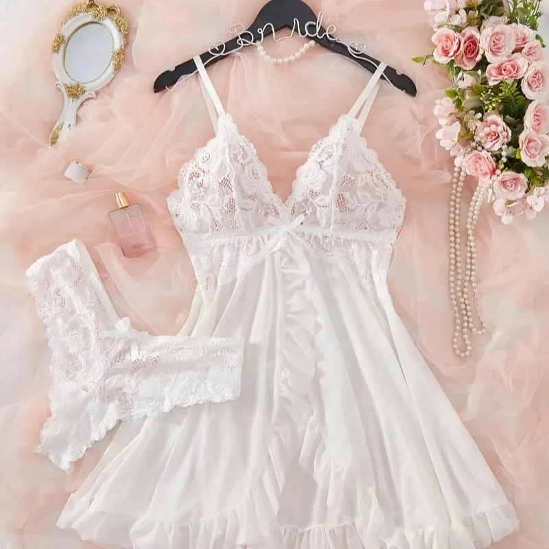 Sexy Lingerie Set Women Erotic Bra Nightdress Sexy Lace Sleepwear Solid Slim Soft Dresses V Neck Full Slip Sleepwear & Dresses — image 6