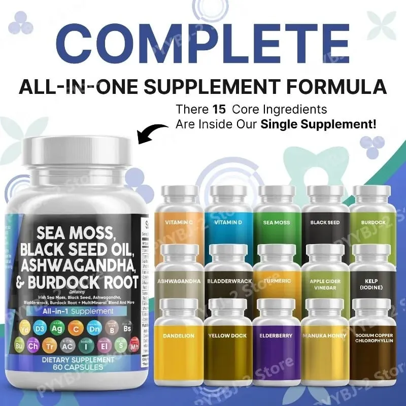 Sea Moss Capsules Contain Black Seed Turmeric & Vitamin D Plant-Based Daily Mineral All in One Supplement 60 Count Per Bottle — image 2