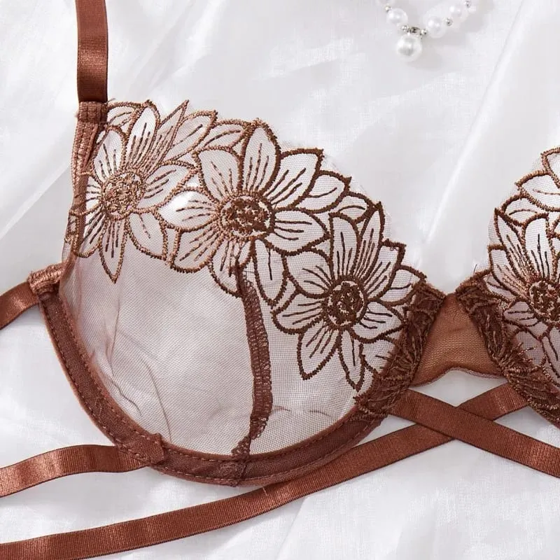 High-End Floral Embroidered Underwire Bra Set Women's Mesh Unlined Bra + Panties — image 3