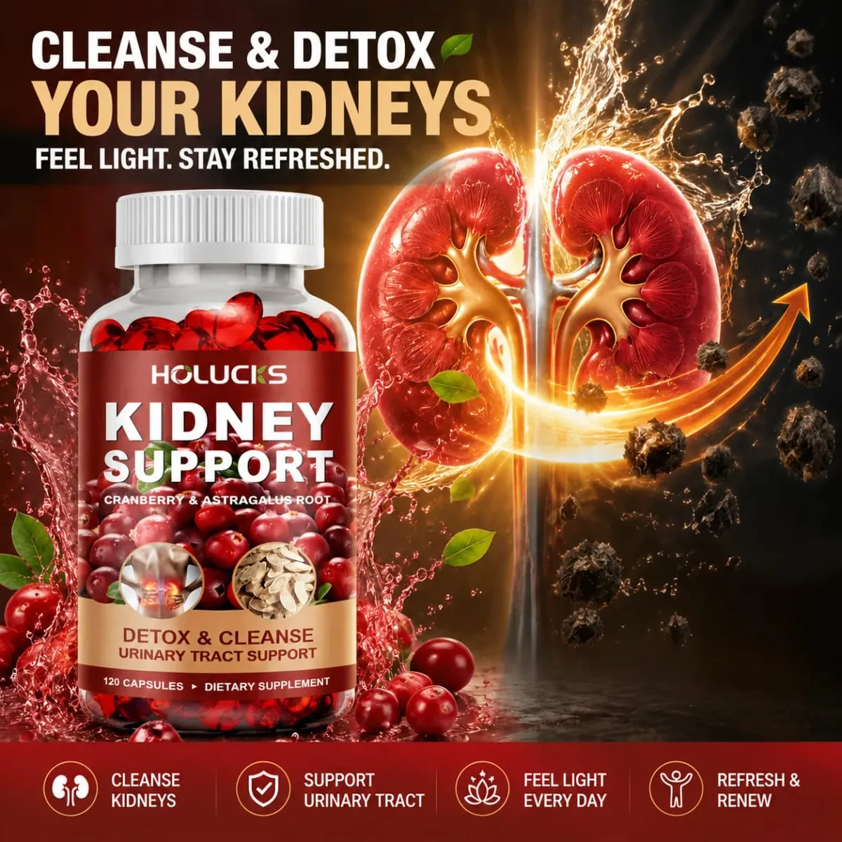 Kidney Cleanse & Detox Supplement with Cranberry Astragalus Root for Kidney Restore Support Bladder & Urinary Tract Health