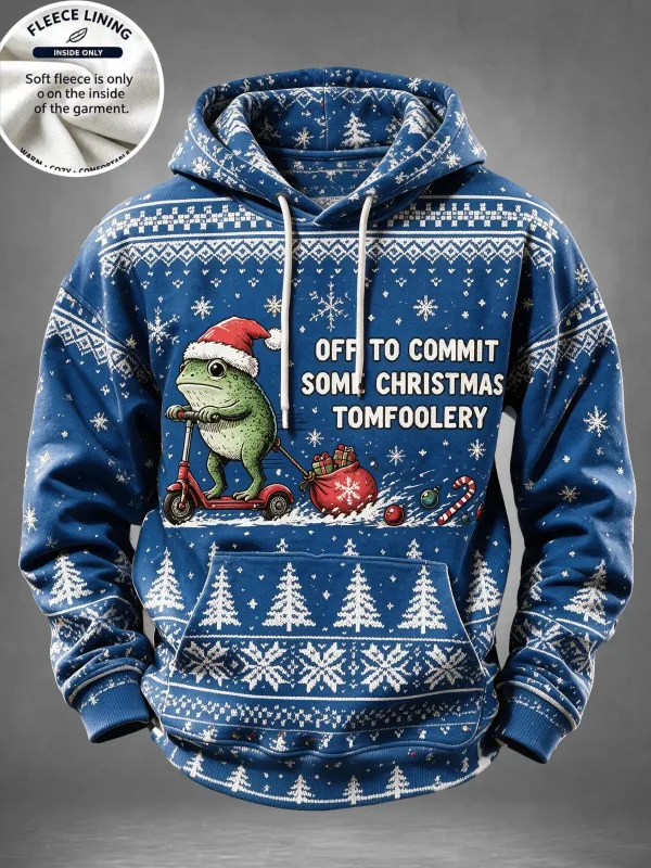 Men Fleece Lined Hoodie Christmas Santa Costume Pattern Print Pullover Hooded Sweatshirt Winter Top