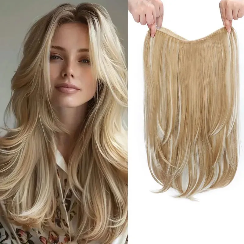 22Inch Synthetic Long Straight Layered Clip-in Hair Extension V-shaped Black Blonde Invisible Hairpiece for Women — image 13