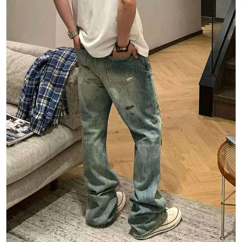 Men's Jeans High Street Vintage Distressed Ripped Faded Man Pants Blue Straight Denim Trousers Embroidery Design Bootcut — image 3