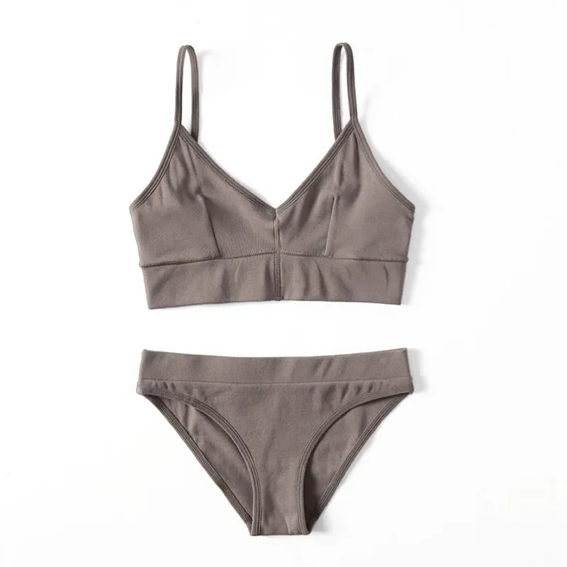Women's Ribbed Wireless Bralette Set Solid Color Thin Strap Camisole Bra and Triangle Briefs Lingerie — image 3
