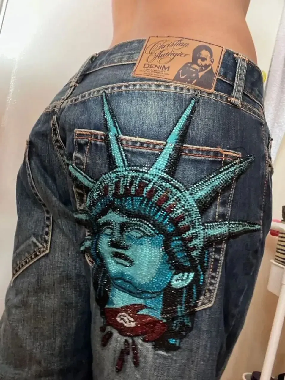 Harajuku Y2k Diamonds Wide Leg Jeans 2000s Casual Denim Pants High Waist Straight Jeans Vintage Statue of liberty Men Clothing