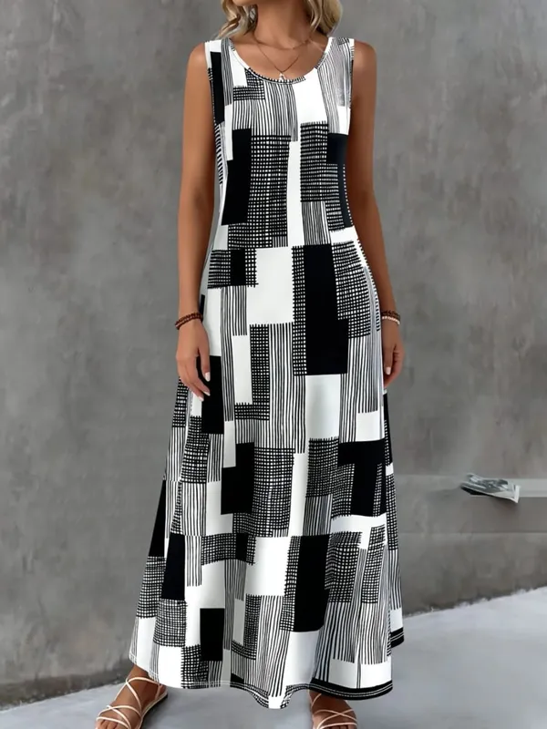 Women's Summer Dress Simple Grid Pattern Design Fashion Round Neck Woman Clothes Casual Cool Sexy Sleeveless Dresses for Woman — image 17