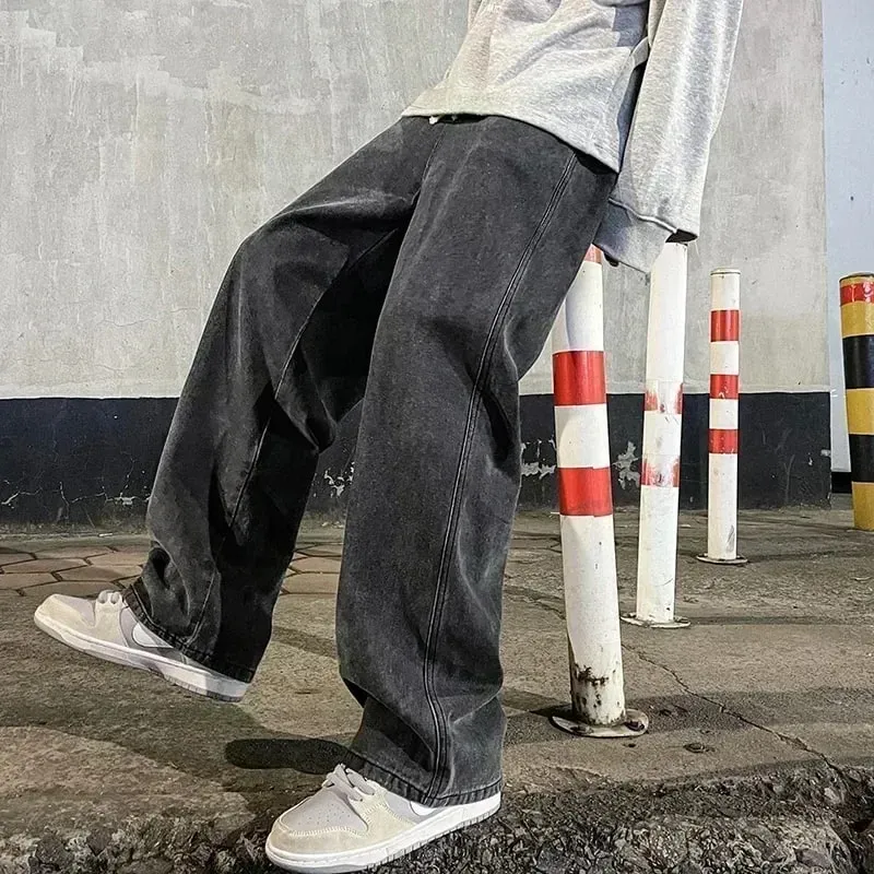 2025 Streetwear Loose Jeans Men Korean Style Fashion Loose Straight Wide Leg Pants Men's New Brand Clothing Black Light Blue — image 8