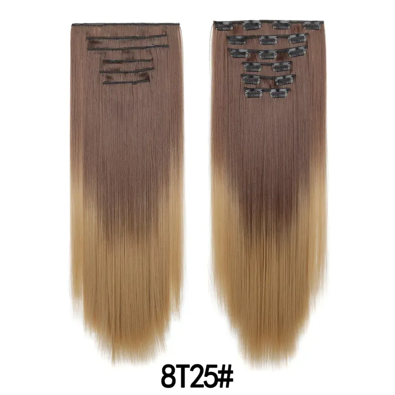 6PCS/Set Clip In Hair Extensions Long Straight Hair Full Head Ombre Gradient Color Synthetic Hairpiece For Women Daily Use
