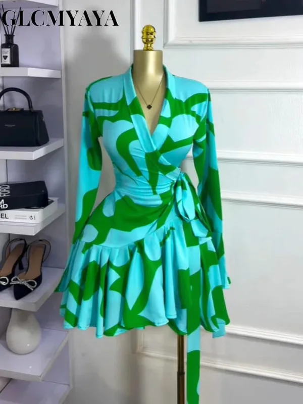 Women Tie Dye Print Flare Long Sleeve Wrap V-neck with Sashes Ruffle Dress 2026 Elegant Vacation Party Birthday Dresses — image 3