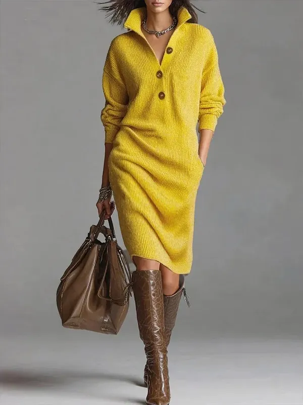 New Autumn Casual Button Loose Straight Knitting Mid-Length Sweater Dresses Women's Fashion Lapel Long Sleeve Pocket Party Dress