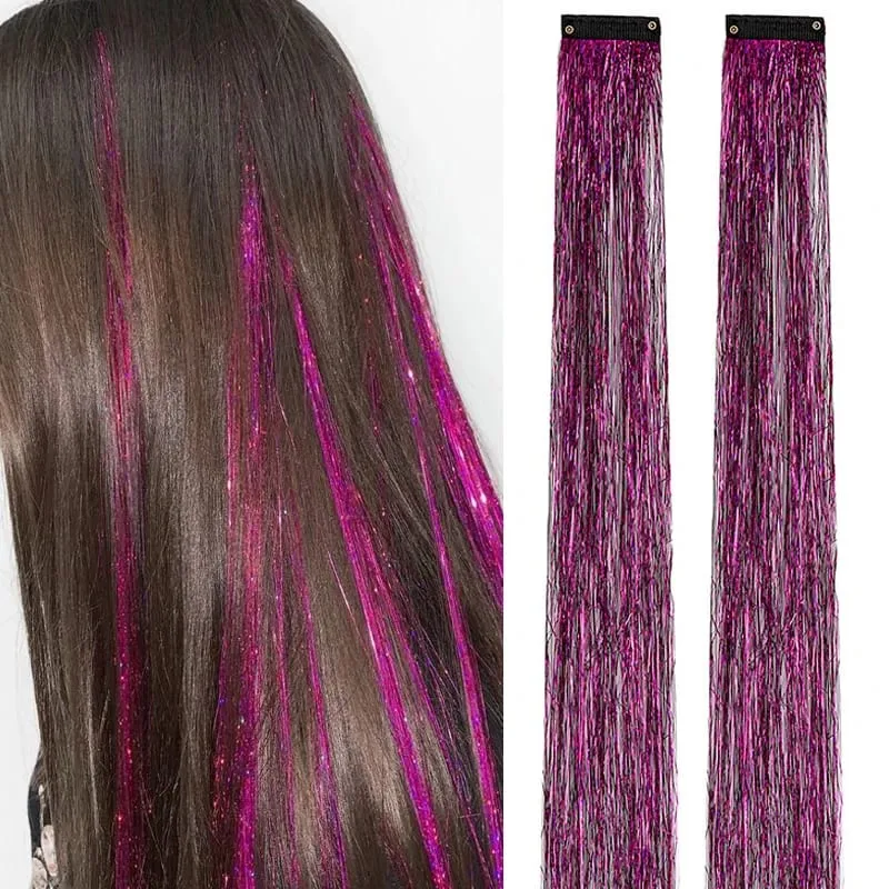 2PCS Synthetic Hair Tinsel Clip in Extensions Colored Sparkle Hair Tinsel Kit with BB Clip for Kids Girls Christmas Party Use — image 15