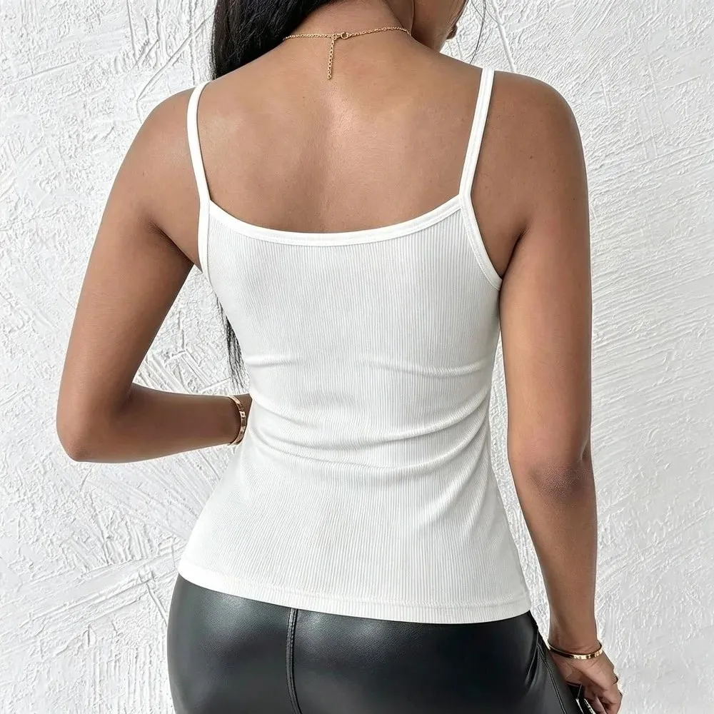 Solid Color Lace Tank Tops Ribbed Texture V Neck Design Ribbed Camisole Y2k Style Elastic Fabric Elastic Tank Tops For Women — image 4